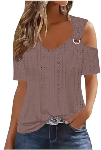 Tops De Verano para Mujer, Camisetas De Manga Corta con Y Hombros Descubiertos, Top Informal Liso con Huecos, Camisetas Básicas 2024 Camiseta Manga Larga Mujer Camiseta Mujer