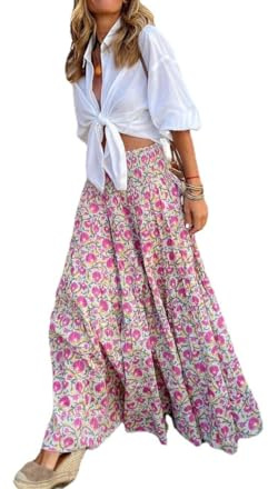 fdsmall Falda Bohemia de Mujer Medio Cuerpo con impresión elástica de Cintura a Falda de Playa Casual de Verano Femenina (FR/ES, Letras, XL, Grande, Regular, Pink)