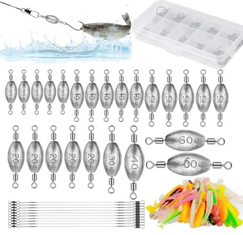 134 Stück Angelblei Set Olivenform Dropshot Blei Laufblei Bleigewichte mit Wirbel Gewichte Kit Forelle Set Angelzubehör 5/10/15/20/30/40/50/60g