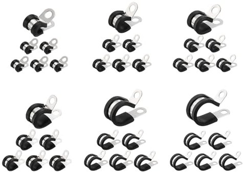 sourcing map 106pcs 304 Stainless Steel Cable Clamps 1/4-3/4 Rubber Cushioned Insulated Clamp Metal Loop Pipe Clamp for Tube Pipe Wire Cord Installation