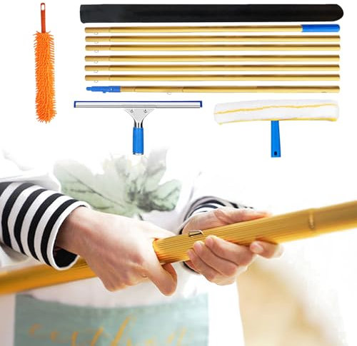 Limpiacristales Extensible Profesional,limpiacristales 35cm,Paño de Microfibra extraíble de 35 cm, Alargadera de Titanio,Plumero,Bolsas,para Ducha Cristal (Azul,7.5m)