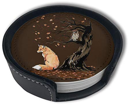 Vibiliyou 6PCS Trendy Coasters Owl and Fox Print Coasters with Holder Set,Round Mugs and Cups Mat Pad for Drinks as gifts for drinks and tabletop protection,ideal for housewarming and bar decor