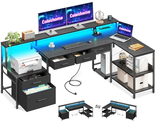 Coleshome Skrivbord, L-form med lådor, spelbord med uttag, LED och monitorstativ, 175 x 100 cm, vändbart hörnskrivbord med förvaringsutrymme, datorbord med hylla för kontor, svart