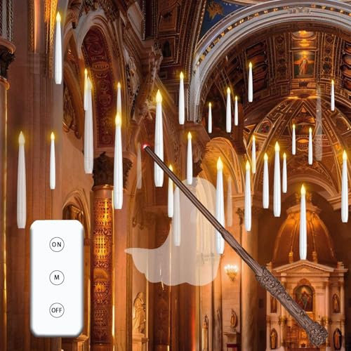 MOZC Blinkande flytande ljus med tryllstav och 6 timmars timer, LED-koniskt ljus med fjärrkontroll, flammlös hängande flygande candle, födelsedags jul fest dekorationer (Vit 20PC)