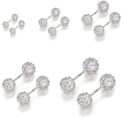 Hinvan 5 Paare 925 Sterling Silber Ohrringe Damen 925 Silber Ohrstecker Front Back Doppel Kristall Disco Shamballa Kugel Ohrringe Silber Ohrschmuck Rund für Damen Mädchen Frauen