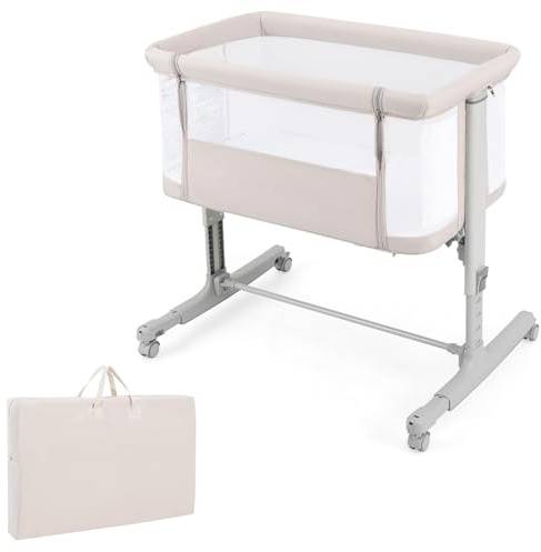 LIFEZEAL Spjälsäng 3 i 1, 5 nivåer, justerbar i höjd, liggdel med madrass, mobil resesäng med hjul och liggdel, för spädbarn från födseln till 9 kg (beige)