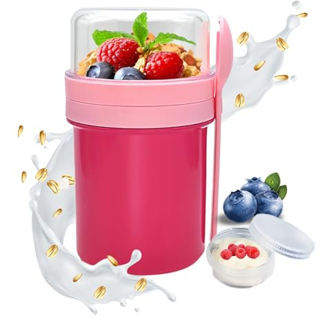 CIYIN Portátil Taza de Cereales 250＋450ml, Taza de Yogur Cuchara, Vaso Cereales para Llevar, Overnight Oats Jar, para Cereales, Yogur, Ensalada, Batido