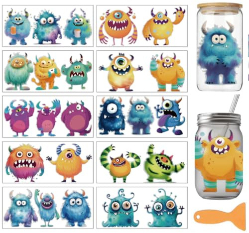 arricraft 10 Stück Monster Themen Becherdruck UV Transferpapier 10 Stile Niedliche Kleine Monster PVC DIY Wärmeübertragung Aufkleber Für 16 OZ Glas Tassen Handwerk 9.5x4.3 Zoll
