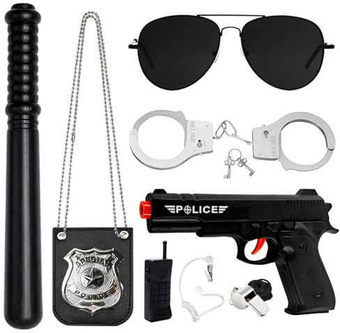 SHOWHEEL Accesorios de Disfraz Policia Niños,con Esposas,Walkie-talkie,Pistola,Placa de Policía,Silbato,Porra y Otros Accesorios de Juguete para Halloween Fiesta Carnaval Cosplay