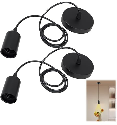 2 PCS Black Pendant Light Fitting with 100cm Adjustable Cable, E27 Screw Lamp Holder and Black Ceiling Rose,E26 Industrial Style Blacks Light Pendant Fitting for Kitchen, Bedroom, Cafe, Loft, Bar
