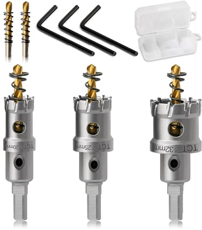 Josaton TCT Carbide Hole Saw Set for Hard Metal, 20mm 25mm 32mm Hole Cutter | Stainless Steel Holesaw with Titanium-Plated Pilot Drill Bit for Iron, Aluminium, Plastic (3Pcs)