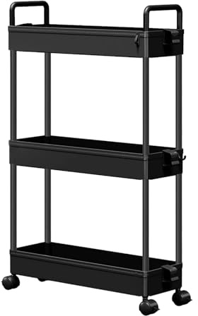 3-Tier Ultra Slim Plastic Trolley on Wheels | x9 Hooks & 2 Cups | Slide-Out Storage Shelves | Makeup Storage | Cleaning Trolley | Shelves Unit | Utility Cart | Cleaning Caddy | Rolling Cart (Black)