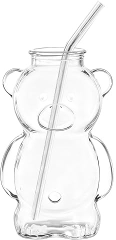 Getränke-Gläser | 320 ml Transparent Bär mit Strohhalm, Kaffeeglas mit Bär und Trinkgläsern | Für heißen Tee, Milch, Saft, Cocktails, Bier, Wein, Haus, Bar, Büro, Party, Kaffee