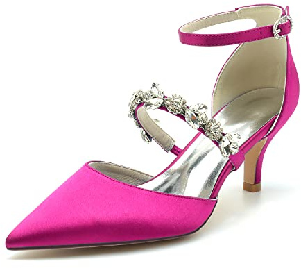 HFWXYSA Chaussures De Mariage pour Femmes À Talons Hauts Chaussures De Mariée Bout Pointu Chaussures De Soirée en Satin Bride Cheville Escarpins,Fuchsia,38 EU