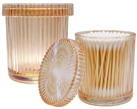 MC MEICHUANG Set of 2 Glass Cotton Ball and Swabs Organizer, Bathroom Glass Storage Jars with Lid, Vintage Cotton Ball Q-tip Holder, Floss Dust-Proof Glass Dispenser (Amber)