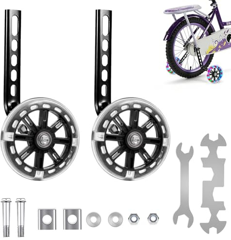 GothicBride Roues de support pour vélo pour enfants, 2 pièces, roues de support universelles réglables, roues de support de sécurité avec éclairs flash, roues pour vélo à vitesse unique de 12, 14