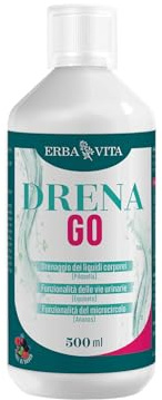 ERBA VITA Drena Go integratore alimentare ideale per il drenaggio dei liquidi corporei, a base di estratti vegetali mirati. Piacevole gusto Frutti di bosco, 500ml