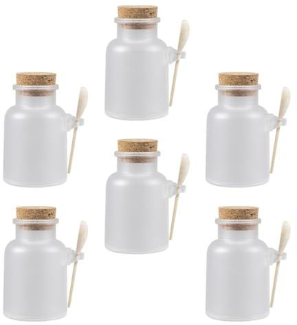 Generic 6 Uppsättningar Återfyllningsbara Burkar för Badsalt och Maskpulver med Träsked och Korklock Läckagesäkra och Hållbara Behållare för Resor och Förvaring