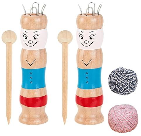 2 Pcs Wooden French Knitting Dolly Kit, Cotton Yarn Spool Knitting Tool | Fresh Colorful Cotton Yarn Balls, Easy to Learn, DIY Starter Set for Beginners Handmade Crafts