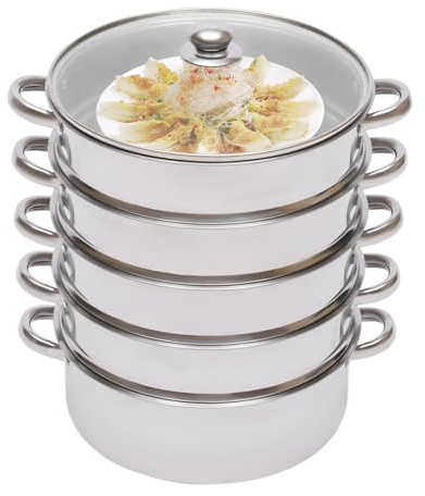 Vaporiera a 5 piani in acciaio inox, 26 cm, multifunzionale con coperchio in vetro, 4 inserti per vapore e pentola, grande capacità per induzione, gas, elettrico e ceramica