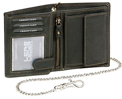 LEAS MCL RFID Bikerkombibörse im Hochformat mit Chrom-Kette Vintage-Stil in Echt-Leder, schwarz - LEAS Chain-Series