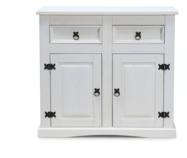 Hacienda-Look – Sideboard New Mexiko 2 Schubladen + 2 Türen Kommode Schrank weiß – 92x84x44 cm – 2 Schublade(n) – massive Kiefer – Farbe Weiß – Hacienda-Stil – wärmender Massivholz-Look fürs
