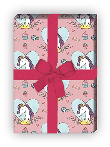 Kartenkaufrausch Mädchen Geschenkpapier Set mit Pferd in Herz mit Krone als edle Geschenk Verpackung, Designpapier, scrapbooking 32 x 48cm, Dekorpapier, Musterpapier zum Einpacken, auf rosa