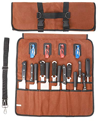 Knife Bag, Knife Roll with 18 Slots, Chef Knife Roll Bag with Handle and Shoulder Strap, Large Durable Waxed Canvas Chef Knife Bag, Camping knife Case for Hiking, BBQ.