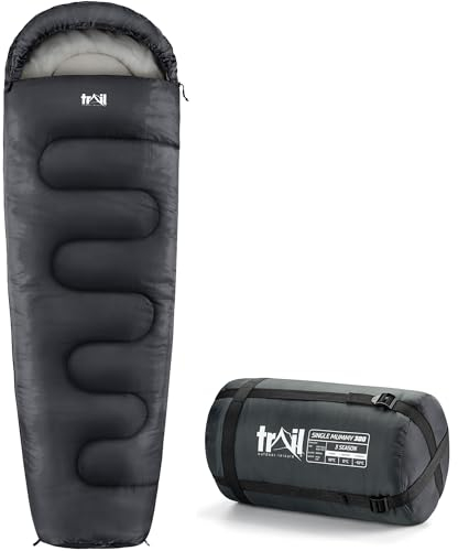 Trail 1-Personen Schlafsack für Erwachsene – Schlafsack 3 Jahreszeiten, Outdoor Frühling Herbst Winter – 300 GSM – für Camping im Freien – Innentaschen - Leichter Kompressionssack - Anthrazit