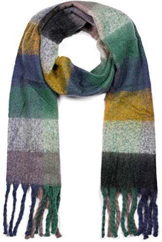 styleBREAKER Damen Web Strickschal mit buntem Karo Muster und langen dicken Fransen, warmer Winter, Stola 01017138, Farbe:Blau-Curry-Grün