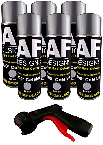 Alex Flittner Designs Thermolack Spray 6 Spraydosen Ofenlack Auspufflack Plus Spraydosengriff Hitzebeständig 800 °C Silber 400ml Schützt Motor und Auspuff vor Rost