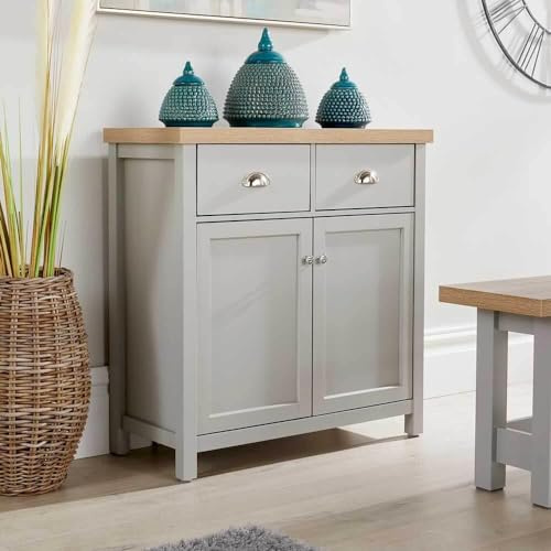 Home Source 2 Door 2 Drawer Sideboard Storage Cupboard with Shelf and Metal Handles, Oak Effect, Grey