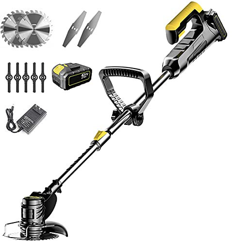 FSCLJ Grass Trimmer Garden Cordless Lawn Trimmer, Electric Brushcutter With 42V Lithium-Ion Battery, Adjustable Head And Telescopic Handle