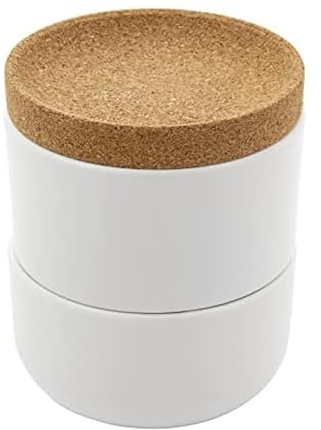 Kamenstein Salero y pimentero apilable de corcho y cerámica de 3 piezas para ahorro de espacio en la encimera; tapa giratoria para mantener la frescura para una fácil apertura, 4 x 4 x 4.25 pulgadas,