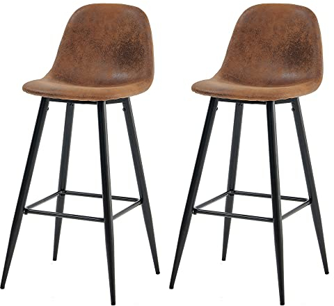 MEUBLE COSY Barhocker 2er Set Retro Barstuhl Vintage mit Rücklehne und Fußstütze aus Künstlich Wildleder Metallbeine für Bar Bistro Café Küche, Kunstleder, Braun