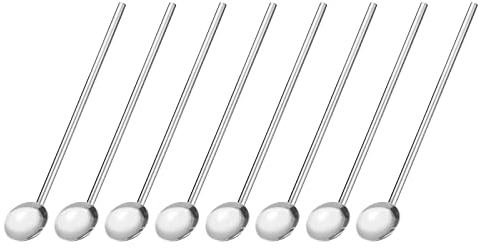 sourcing map Stainless Steel Spoon Straws, 8Pcs 7.9 Reusable Metal Long Handle Straw Spoon Round Shaped Drinking Straws for Milkshake Drinks Cocktail, Silver