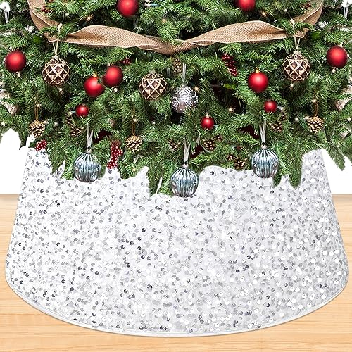 OMKSIH Glänzender weißer Weihnachtsbaum-Halsband, 60 cm, Samt, Weihnachtsbaum-Basis, glitzernde Pailletten, Baumrock, Box, künstlicher Weihnachtsbaumständer, Abdeckungen, runde