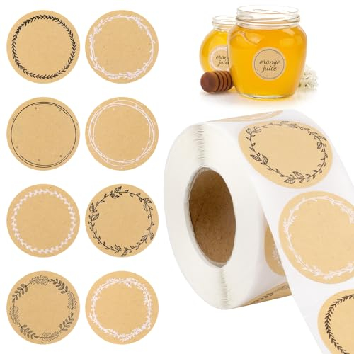 500 Stück Etiketten Selbstklebend, Aufkleber zum Beschriften, Klebeetiketten zum Bedrucken Rund Kraftpapier Aufkleber,Gewürzetiketten Flaschenetiketten für Marmeladengläser,Geschenktüten,Weihnachten