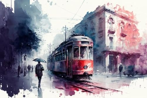 adrium Acryl-Bild 50 x 30 cm: Nasse Stadt, abstrakte regnerische europäische Straße. Rote Straßenbahn und Menschen mit (203496691)