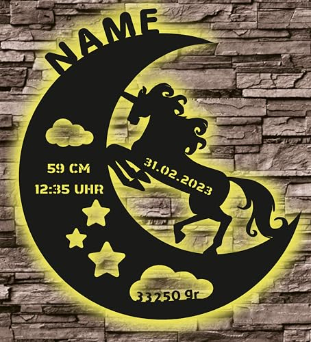 WALUNA® Einhorn Taufgeschenk LED Nachtlicht für Kinderzimmer Baby Geschenk personalisiert mit Name, Datum, Uhrzeit und Große zur Konfirmation für Mädchen & Jungen in 12 Holzarben