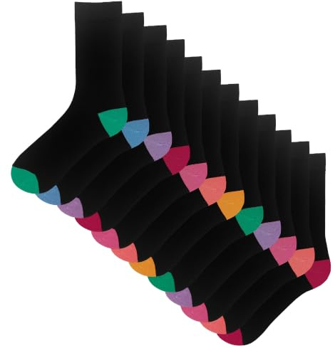 Lot de 12 paires de chaussettes pour femme Talon et orteils colorés Haut côtelé formel et décontracté Multipack doux respirant élasthanne stretch Taille 37-41