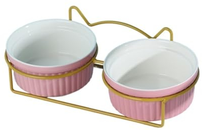 Hoher Katzenschüssel Erhöhter Katzennapf, Doppelnäpfe mit Metallständer, erhöhtes Futter- und Wassernäpfe-Set for Katzen, Kätzchen, Hunde für Futter und Wasser (Color : Gold-Pink-2)