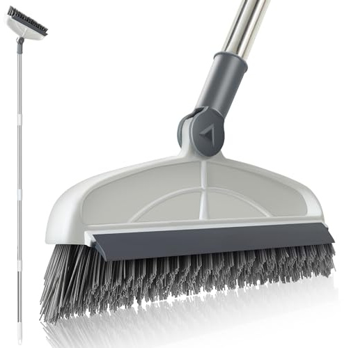 Grout Cleaner with Long Handle & Stiff Swivel Bristles - 2-in-1 Scrubber and Scraper, Tapered Design for Tile Floors, Baseboards, and Tight Spaces