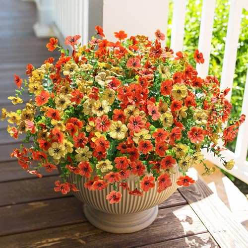 HyeFlora Konstgjorda höstblommor falska mammor för utomhus inomhus trädgård heminredning, falsk blomma tusensköna med eukalyptusblad falska mammor växter grönska buxbom veranda uteplats, 12 paket