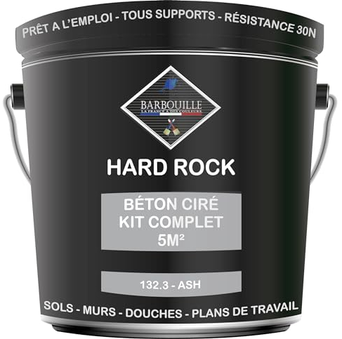 Béton Ciré Gris Kit 5m² finit - HARD ROCK - 2 couches de 5m² - Prêt à l'Emploi - Imperméable - Adhérence sur Tout Support - Intérieur et Extérieur - Instructions incluses - 132-3 - ASH - BARBOUILLE