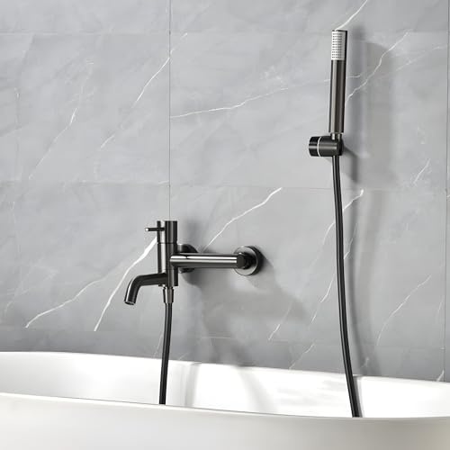 IMEX - Grifo Bañera y Ducha Monomando Negro | Grifo Mezclador de Pared con Soporte Alcachofa de Ducha y Manguera | Grifería en Latón y Acero Inoxidable S.304 | Serie Monza | Color Black Gun Metal