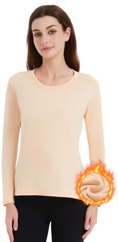 Soudittur Innenfleece Thermounterwäsche Damen Thermo Oberteil Langarm Unterhemd Winter Thermal Unterziehshirt Funktionsunterwäsche (M,Beige)