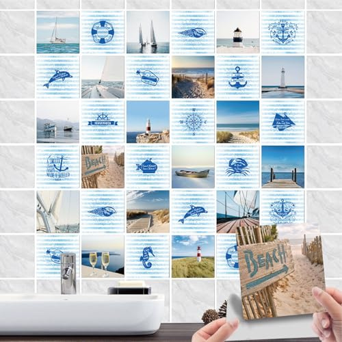 36 Stück Fliesenaufkleber Bad & Badezimmer Selbstklebende- Fliesenfolie PVC mit Leuchtturm Strand Maritime Deko-Wasserdicht Quadratisch Fliesensticker für Wand-fliesen Dekorative (01, 15x15cm)