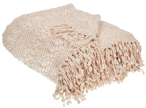 Beliani Decke Baumwolle gestrickt Hellbeige mit Quasten 220 x 240 cm Kuscheldecke Vella