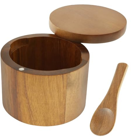 NIHUIFDPY 1 Compartment Acacia Wood Salt Cellar Bowl Box with Built in Spoon and Magnetic Swivel Lid, Round Kitchen Salt Container Holder for Storing Salt Pepper Sugar Spice(Single grid)